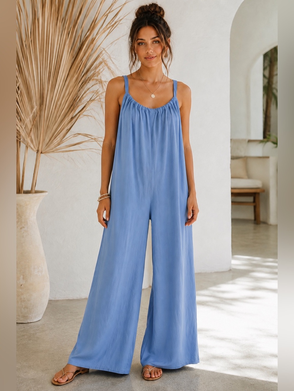 NWT ODDI Blue Rayon Wide Leg Jumpsuit Tie Back Sleeveless Size M